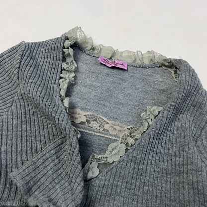 lilu mecredi frilly grey lace trim long sleeve knit bolero and cami two in one layered top