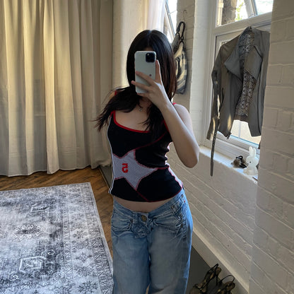 bouche a bouche sporty y2k star print black white red basketball mesh vest