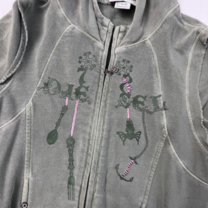 vintage diesel red tag khaki embroidery ornament text long sleeve zip hoodie jacket