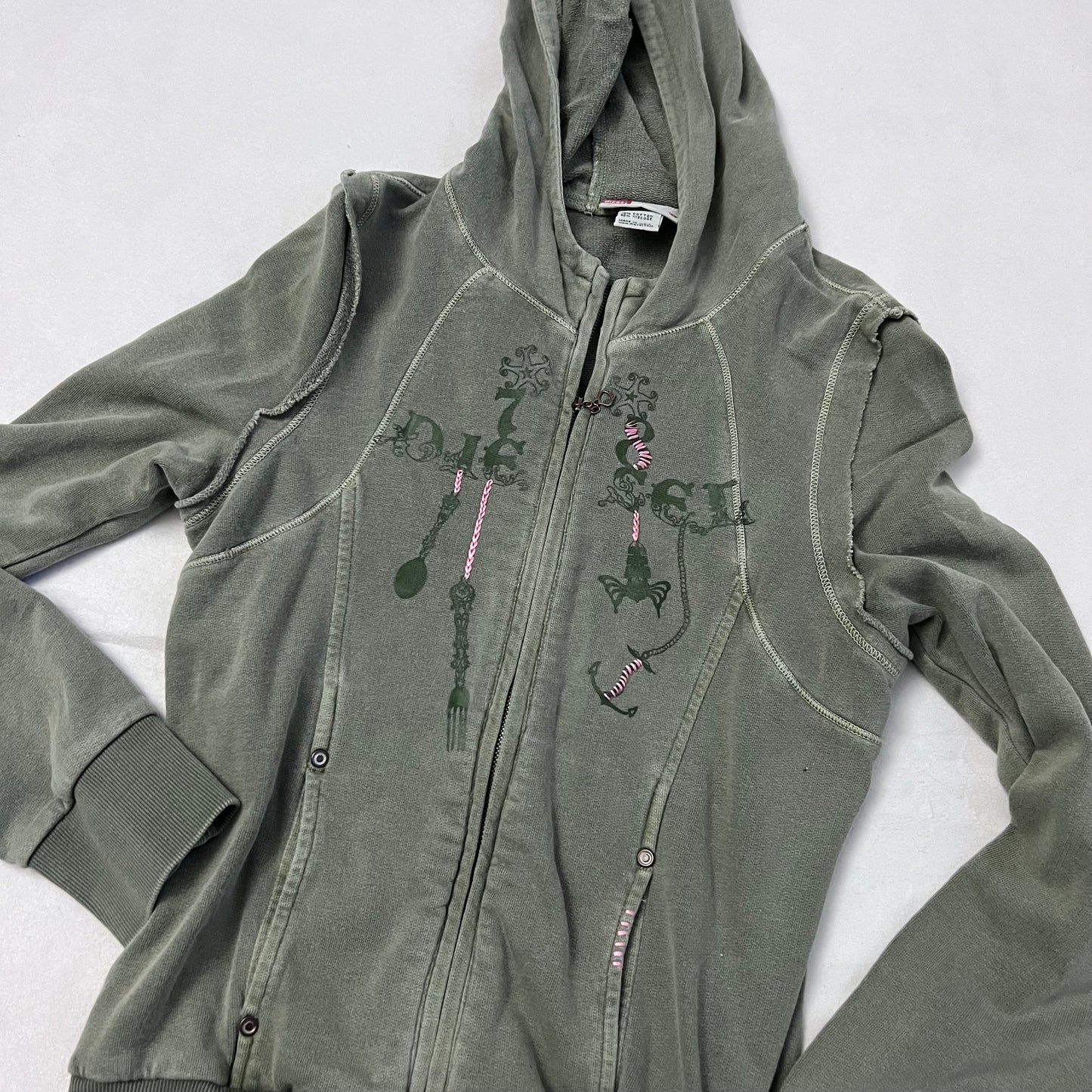 vintage diesel red tag khaki embroidery ornament text long sleeve zip hoodie jacket