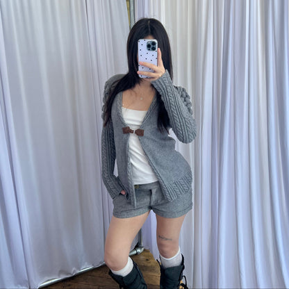 Blugirl Blumarine Grey Puff Sleeve Cable Knit Wool Blend Brown Leather Buckle Open Cardigan Top