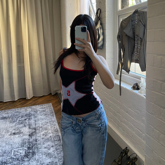 bouche a bouche sporty y2k star print black white red basketball mesh vest