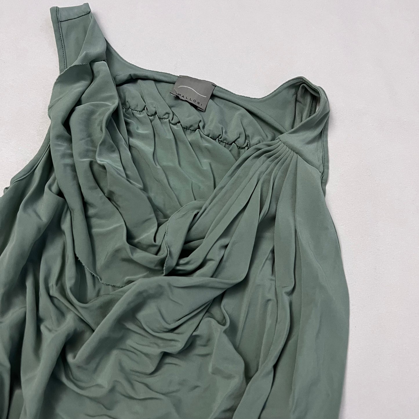malloni sage green draped nylon ruched side sleeveless tunic vest