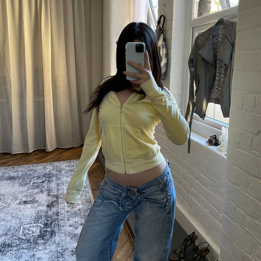 juicy couture light yellow terry cloth fitted zip track jacket hoodie