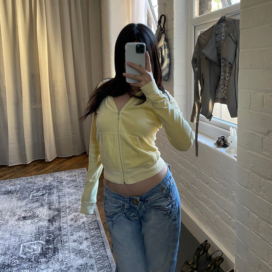 juicy couture light yellow terry cloth fitted zip track jacket hoodie