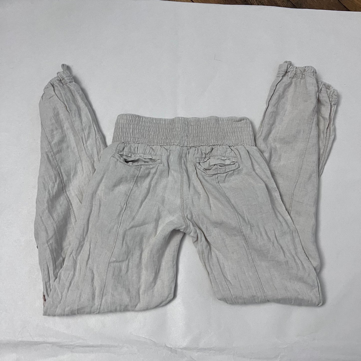 goa off white beige linen blend elastic waistband drawstring hem low rise harem trousers