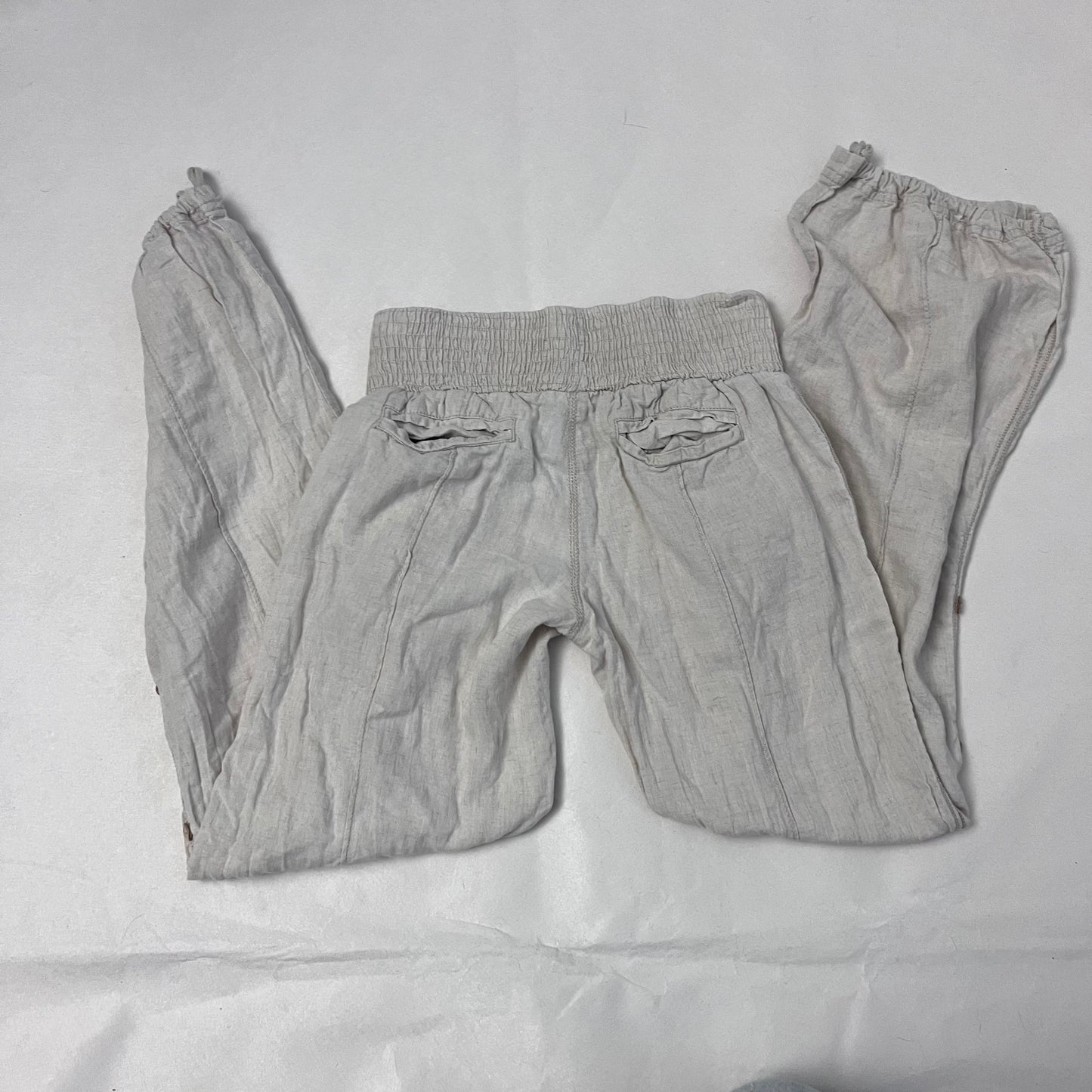 goa off white beige linen blend elastic waistband drawstring hem low rise harem trousers