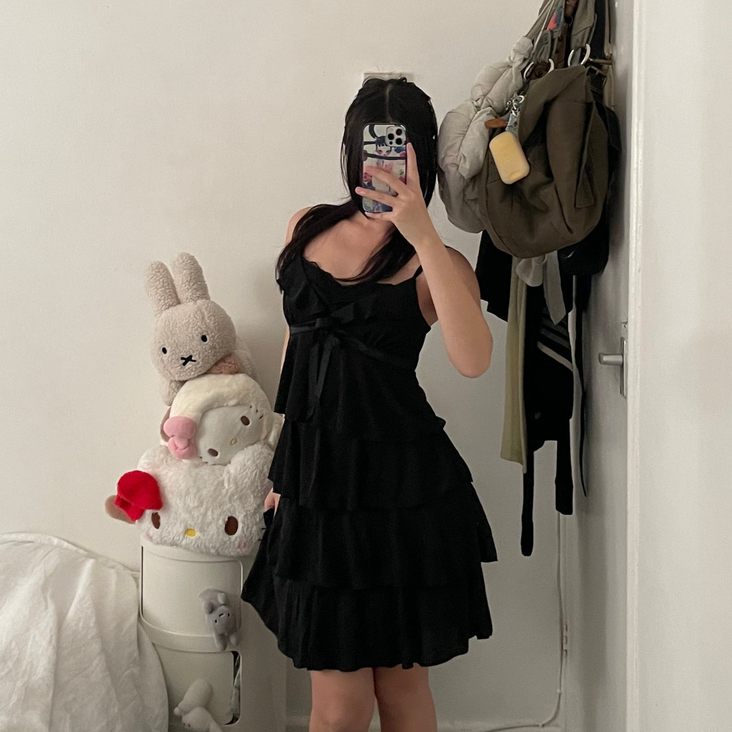 aries black frilly layered lacey bustier midi dress