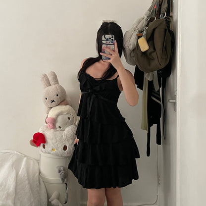 aries black frilly layered lacey bustier midi dress