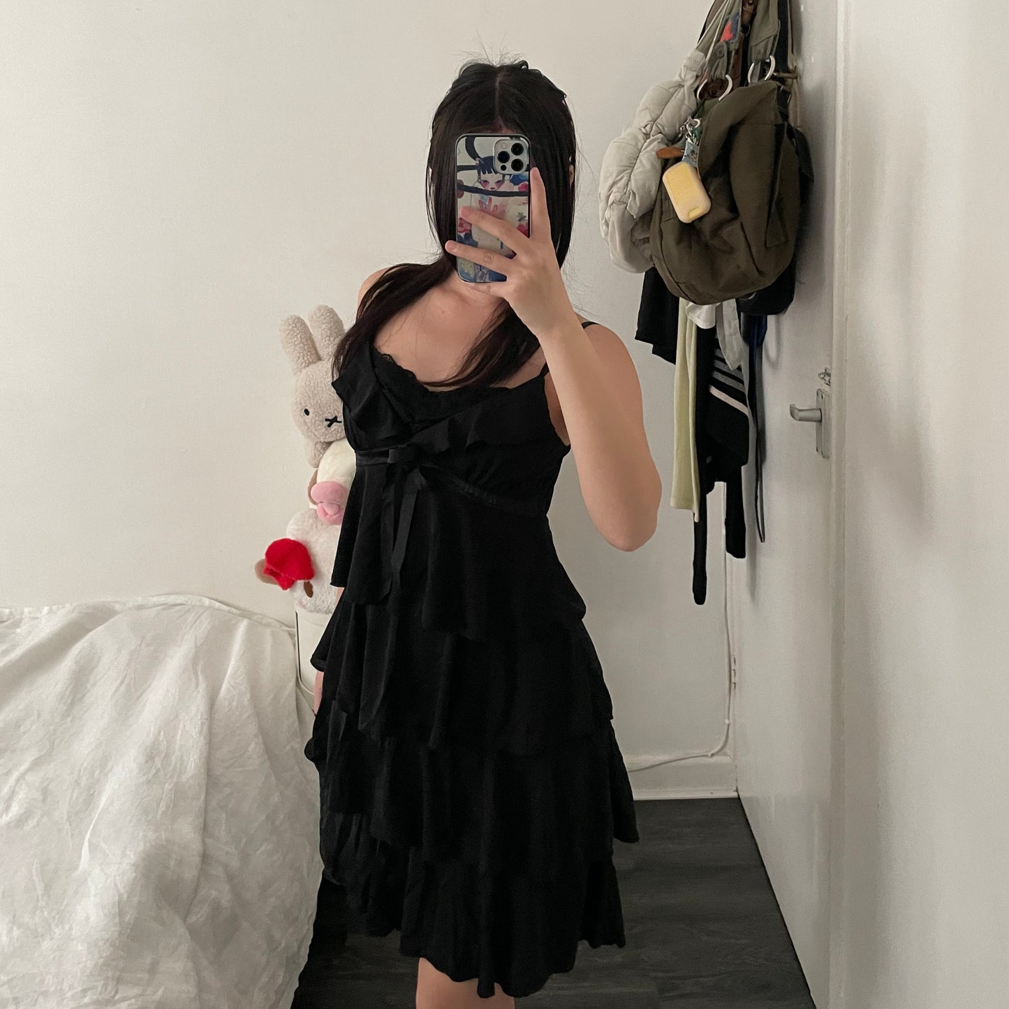 aries black frilly layered lacey bustier midi dress