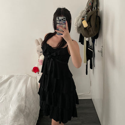 aries black frilly layered lacey bustier midi dress
