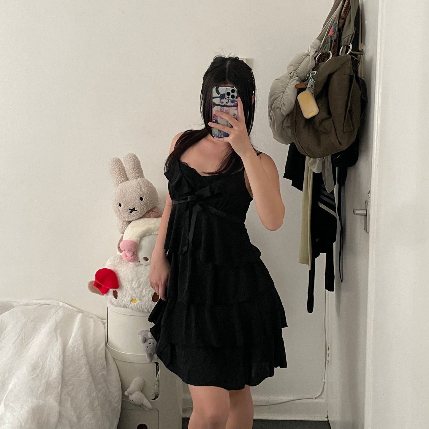 aries black frilly layered lacey bustier midi dress