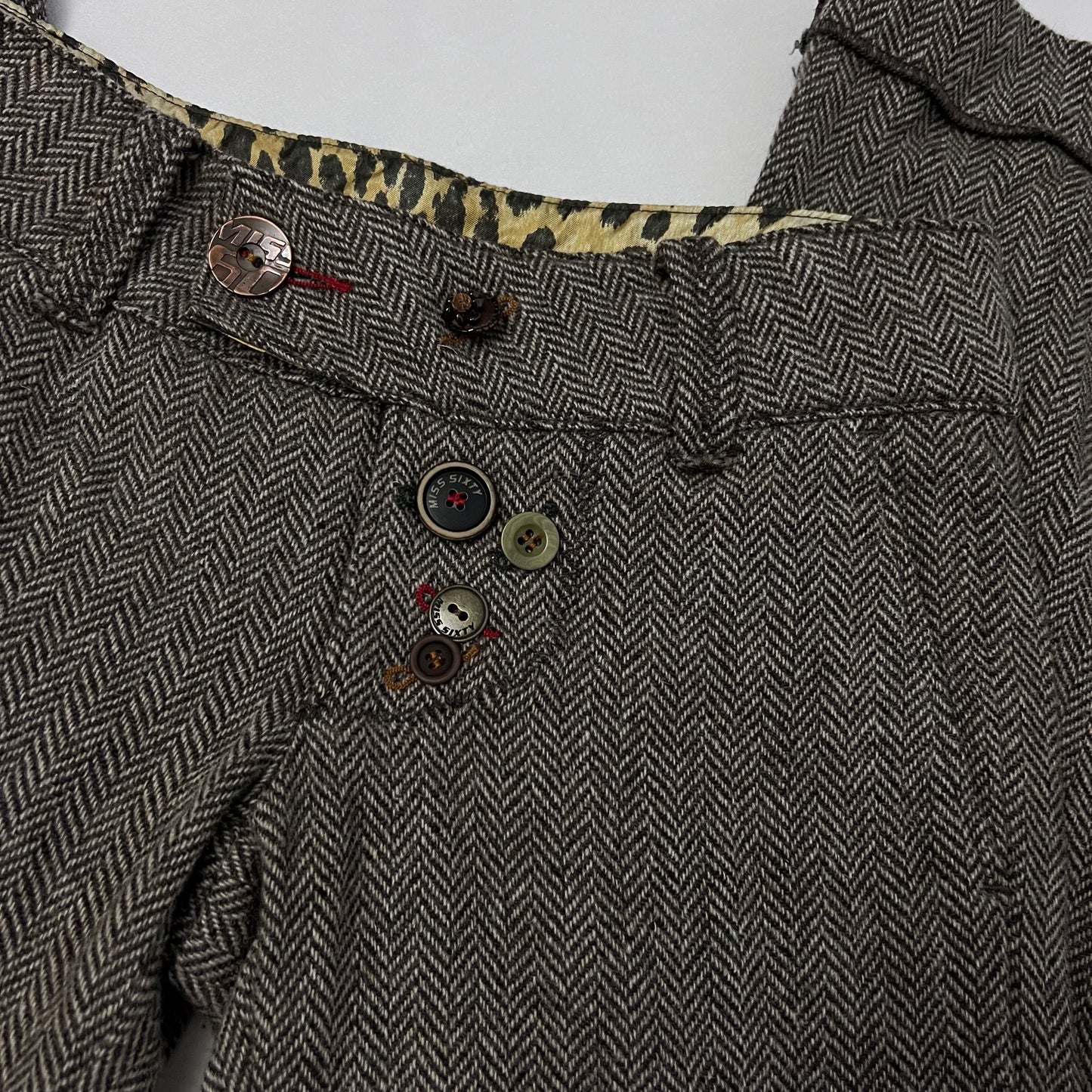 rare miss sixty beige brown mixed button herringbone low rise wide leg trousers