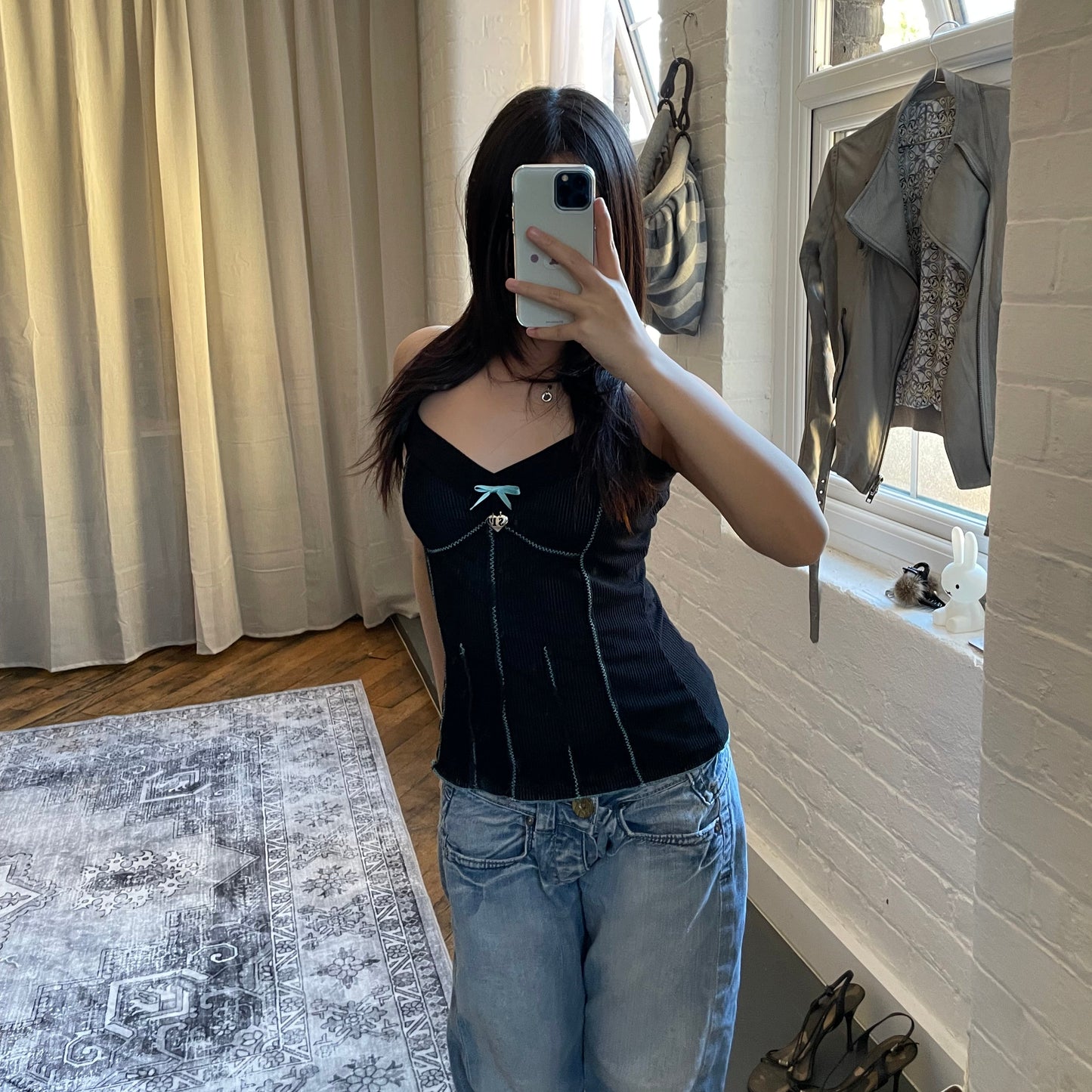 eurosummer boho shirt passion black blue puff charm reverse stitch bow camisole