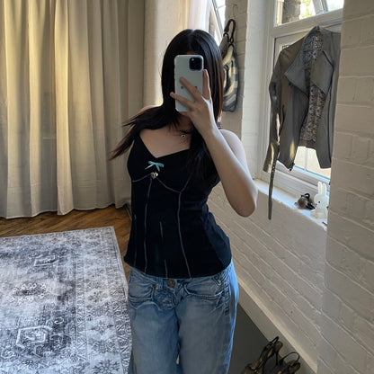 eurosummer boho shirt passion black blue puff charm reverse stitch bow camisole