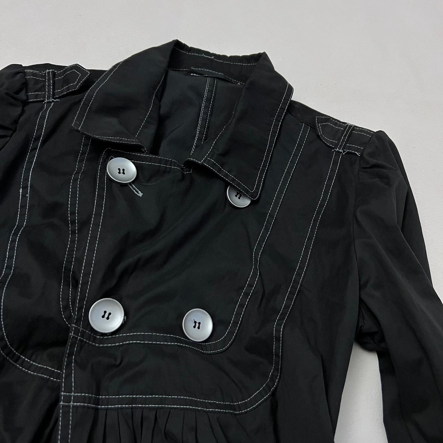 black 3/4 sleeve 3suisses corpcore crop silver button collared trench coat jacket