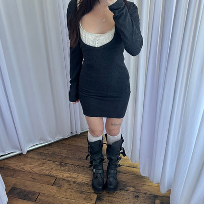 Avant Premiere Dark Grey Ivory Milkmaid Two in One Layered Bust Knit Sweater Dress