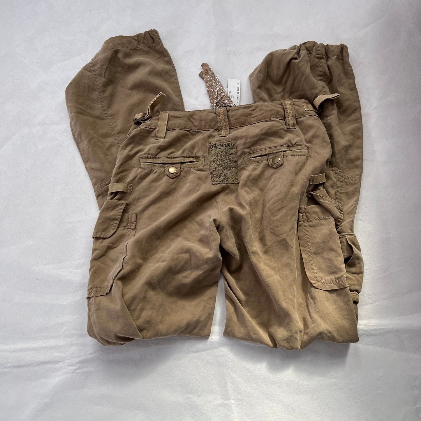 Vintage Da-Nang Silk Blend Tan Brown Drawstring Hem Cargo Trousers