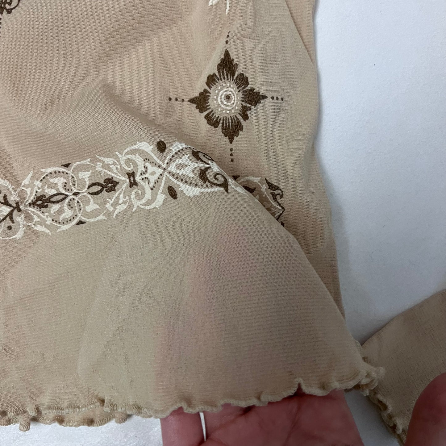 jacobson boho western beige sheer paisley ornamental print sheer long sleeve shirt