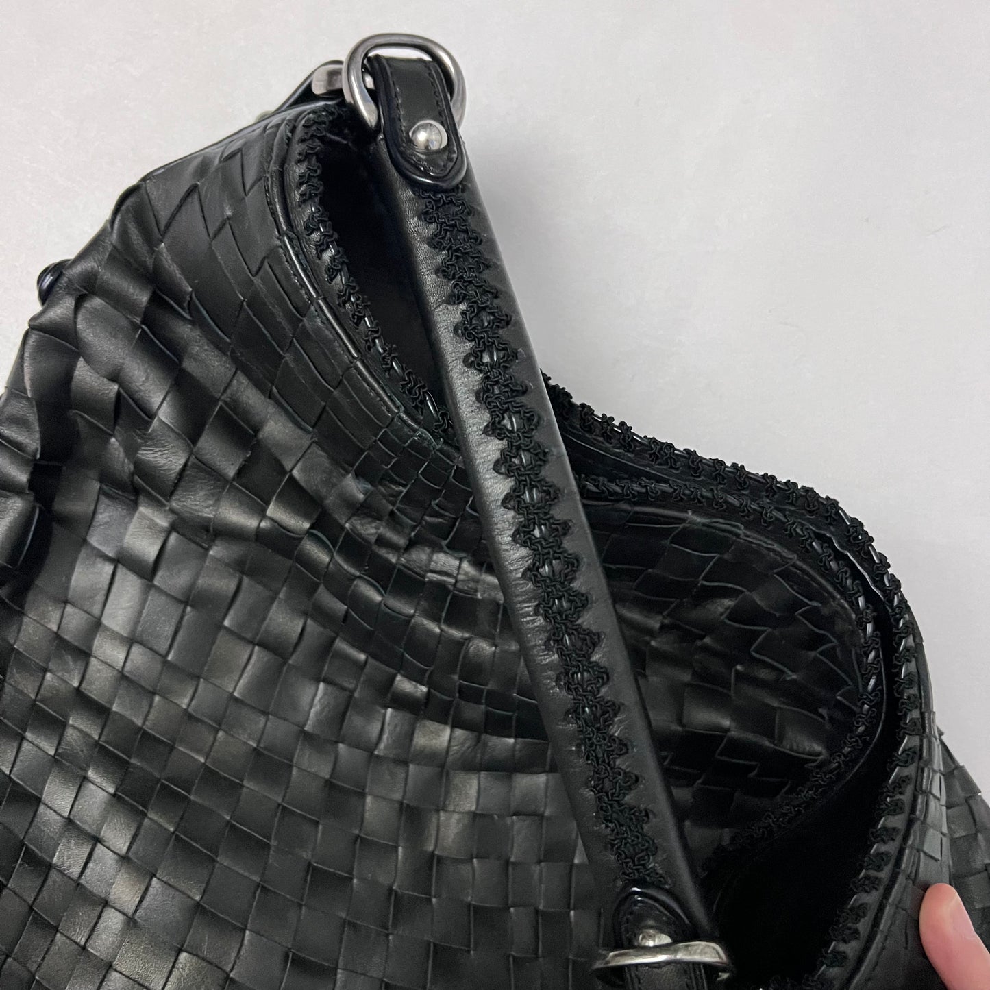 vintage epoca black woven braided leather shoulder tote bag