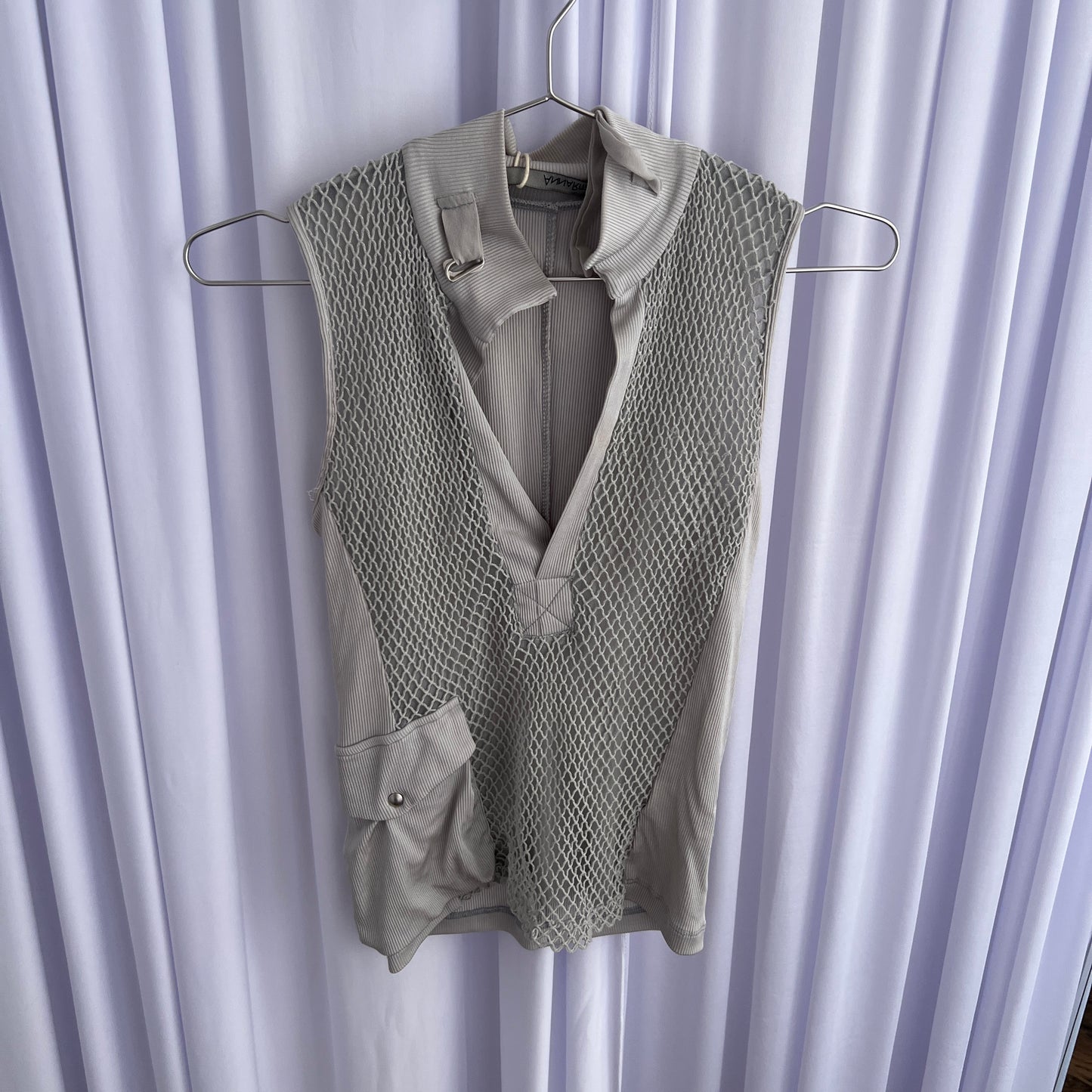 Annarita N Fishnet Layered Utility High Neck Tie V Neck Vest Top