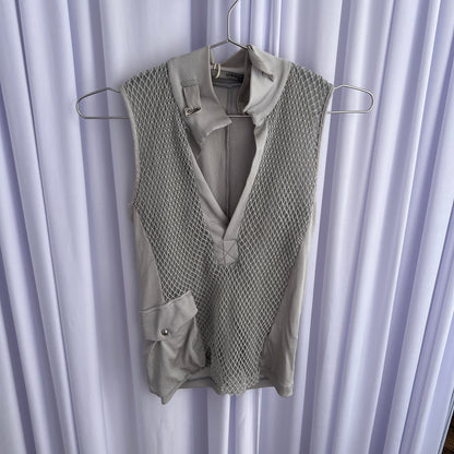 Annarita N Fishnet Layered Utility High Neck Tie V Neck Vest Top