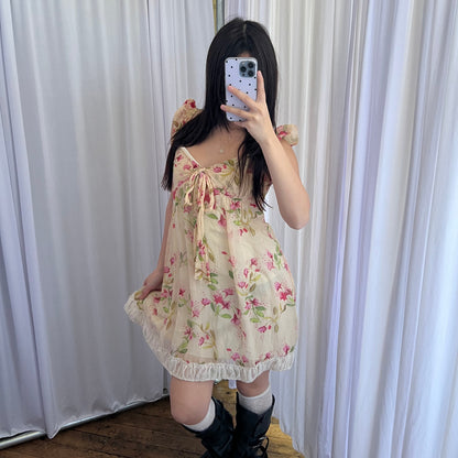 Silk Beige Cream Pink Floral Rebecca Taylor Puff Sleeve Ribbon Babydoll Dress