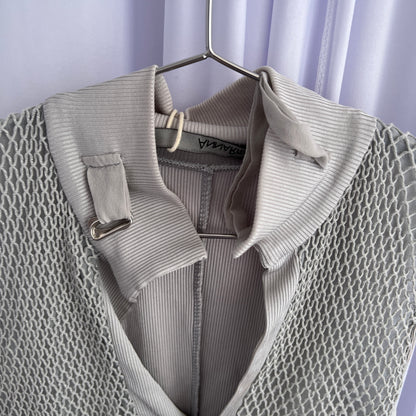 Annarita N Fishnet Layered Utility High Neck Tie V Neck Vest Top