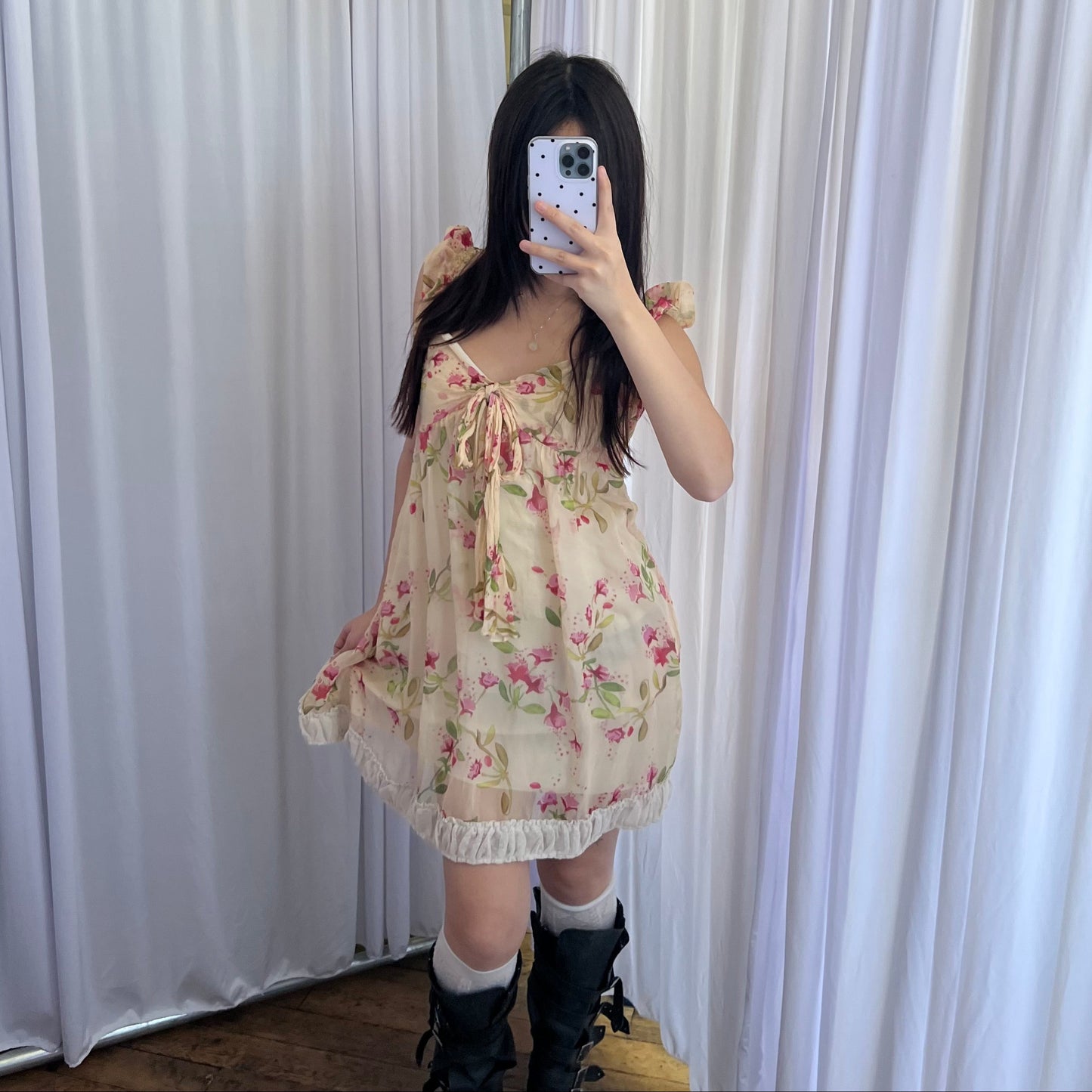 Silk Beige Cream Pink Floral Rebecca Taylor Puff Sleeve Ribbon Babydoll Dress