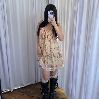 Silk Beige Cream Pink Floral Rebecca Taylor Puff Sleeve Ribbon Babydoll Dress