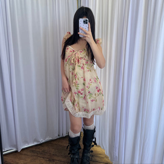 Silk Beige Cream Pink Floral Rebecca Taylor Puff Sleeve Ribbon Babydoll Dress