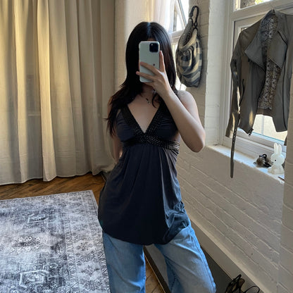 camieu eurosummer grey black boho braided vest top with adjustable waist ribbon