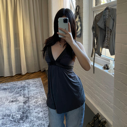 camieu eurosummer grey black boho braided vest top with adjustable waist ribbon