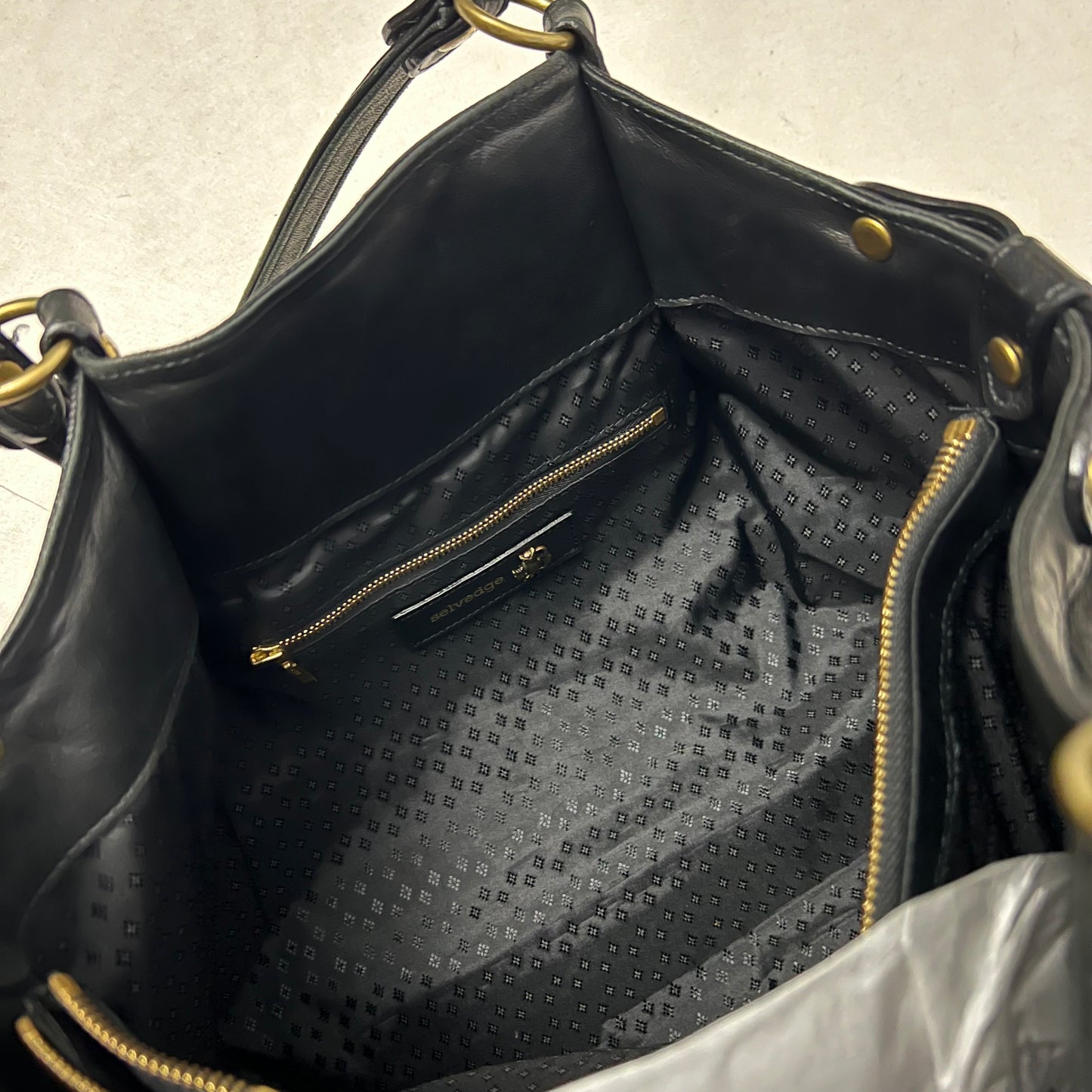 vintage selvedge black ponyhair leather buckle large tote bag