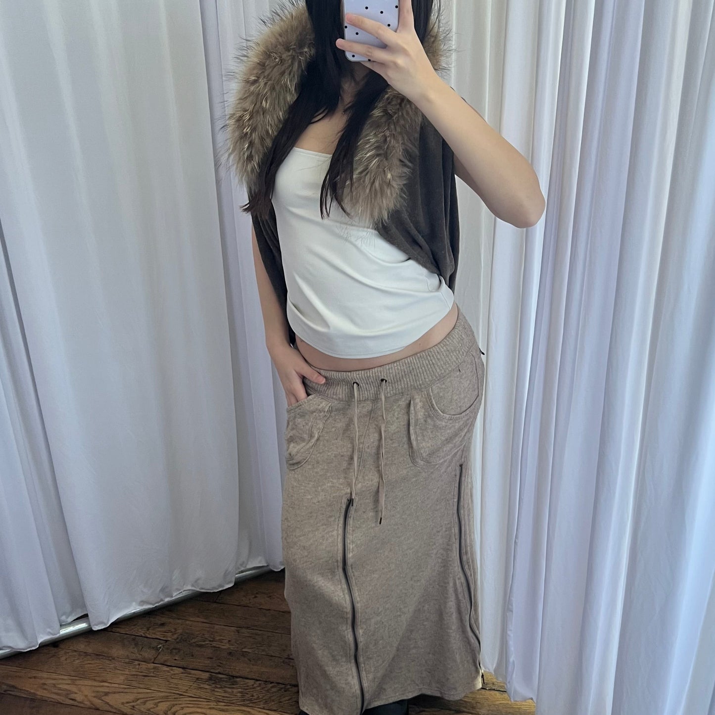 Vintage Goa Beige Knit Oversized Pocket Zip Cargo Utility Maxi Skirt