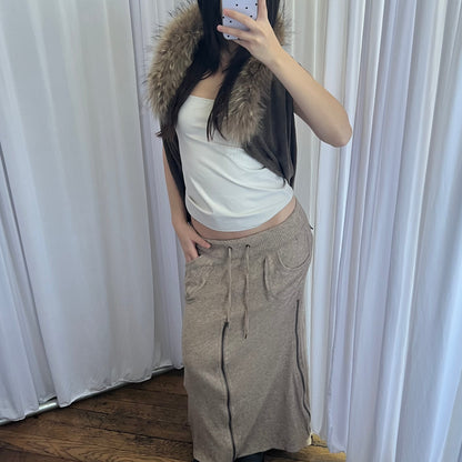 Vintage Goa Beige Knit Oversized Pocket Zip Cargo Utility Maxi Skirt
