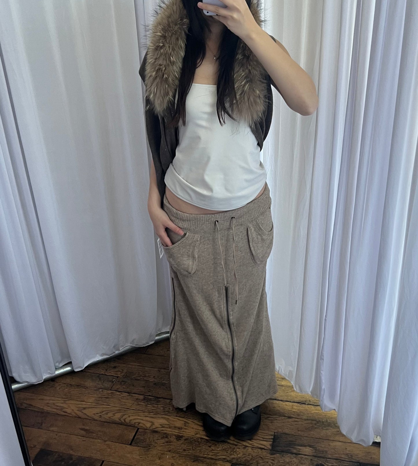 Vintage Goa Beige Knit Oversized Pocket Zip Cargo Utility Maxi Skirt