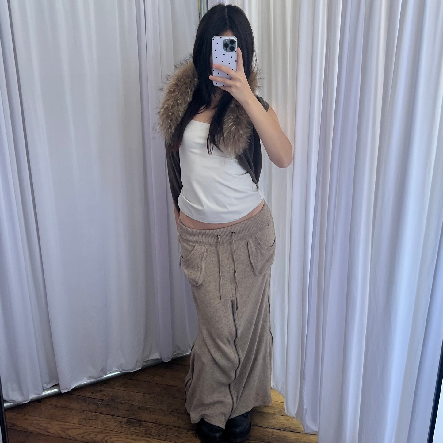 Vintage Goa Beige Knit Oversized Pocket Zip Cargo Utility Maxi Skirt