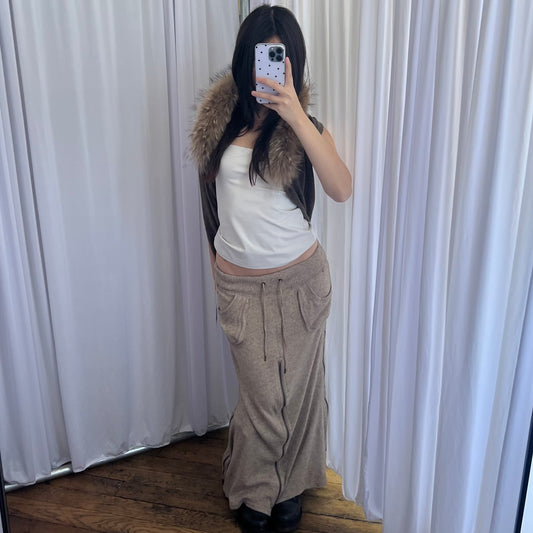 Vintage Goa Beige Knit Oversized Pocket Zip Cargo Utility Maxi Skirt