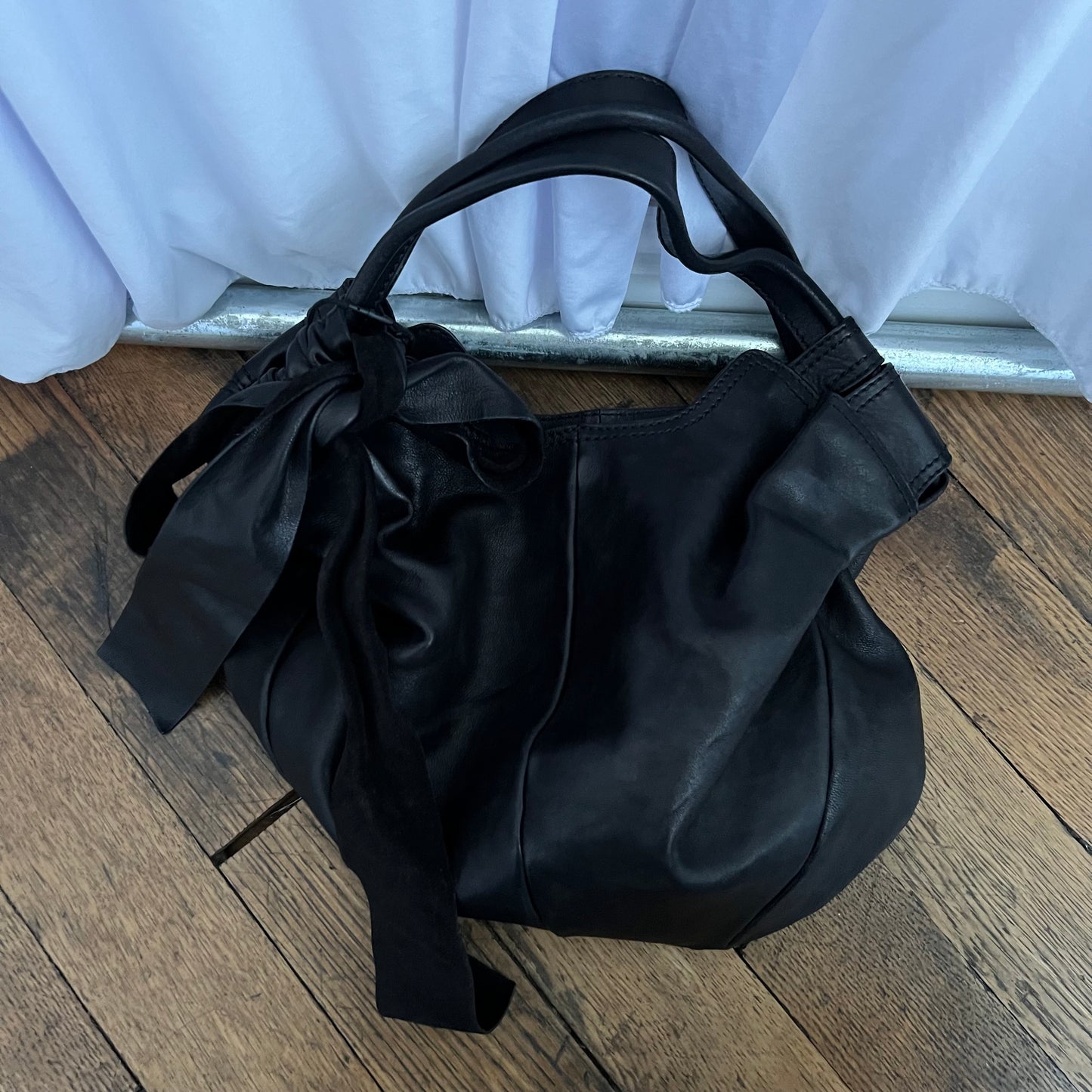 Andrea Mabiani Black Leather Slouchy Crescent Ribbon Bow Hobo Shoulder Bag