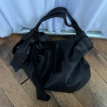 Andrea Mabiani Black Leather Slouchy Crescent Ribbon Bow Hobo Shoulder Bag
