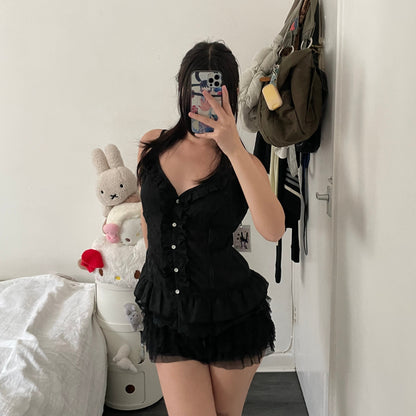 morgan de toi balletcore black ruffle lace button camisole