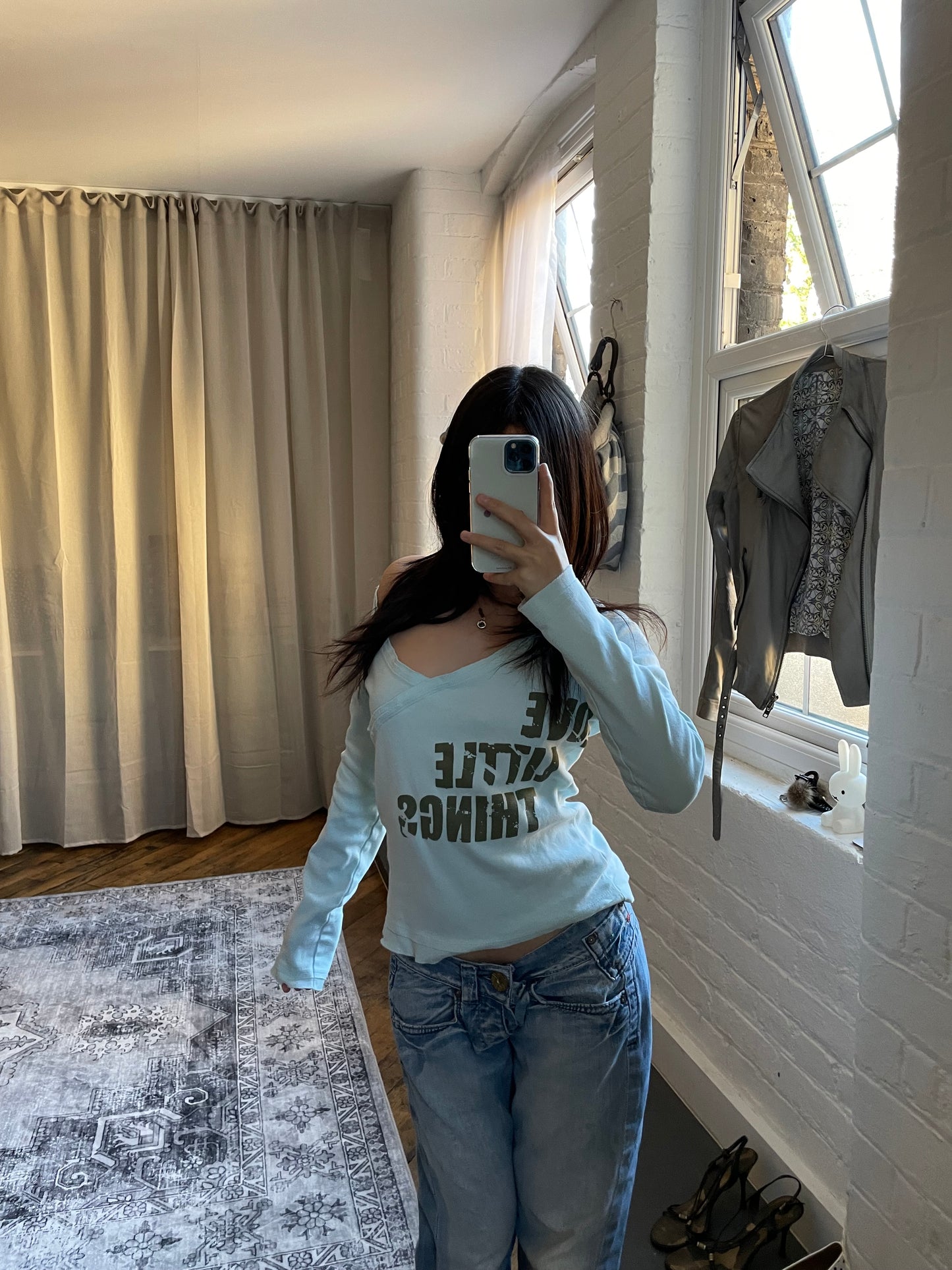 baby blue sporty street equipment khaki graphic text wrap style long sleeve shirt