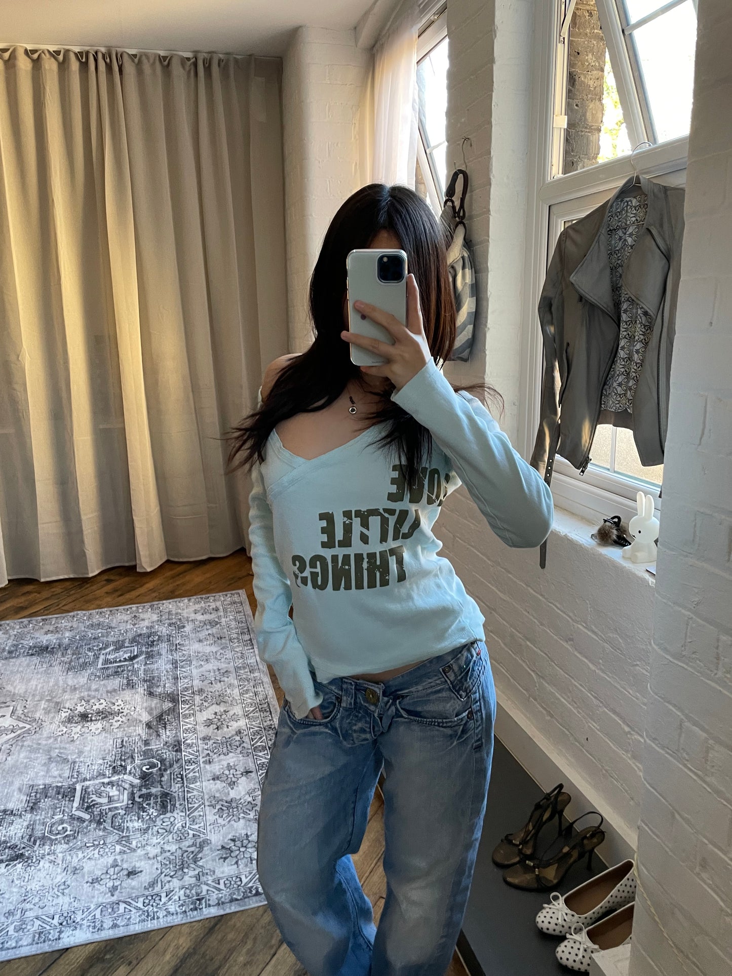 baby blue sporty street equipment khaki graphic text wrap style long sleeve shirt