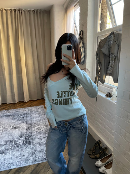 baby blue sporty street equipment khaki graphic text wrap style long sleeve shirt