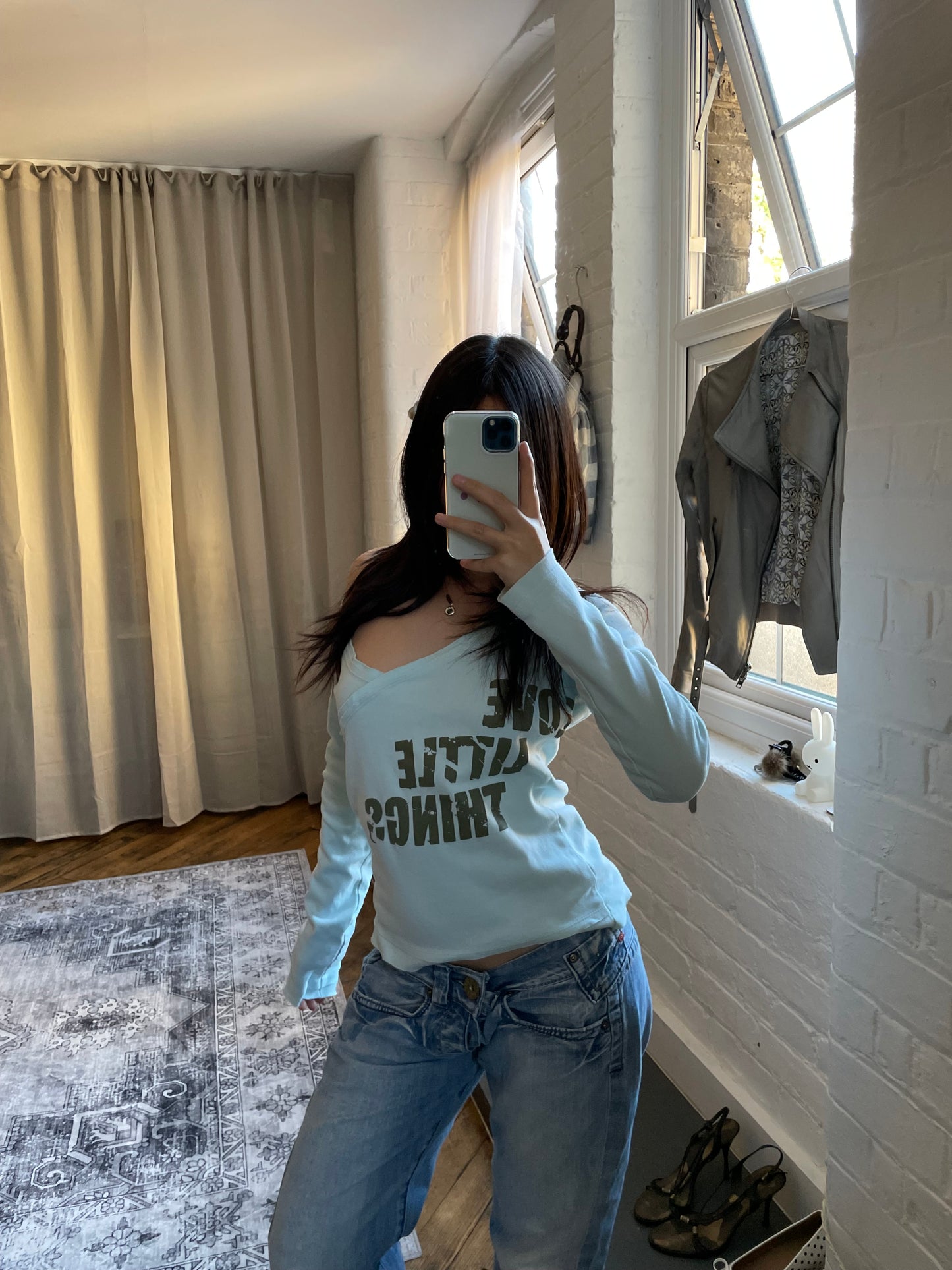 baby blue sporty street equipment khaki graphic text wrap style long sleeve shirt