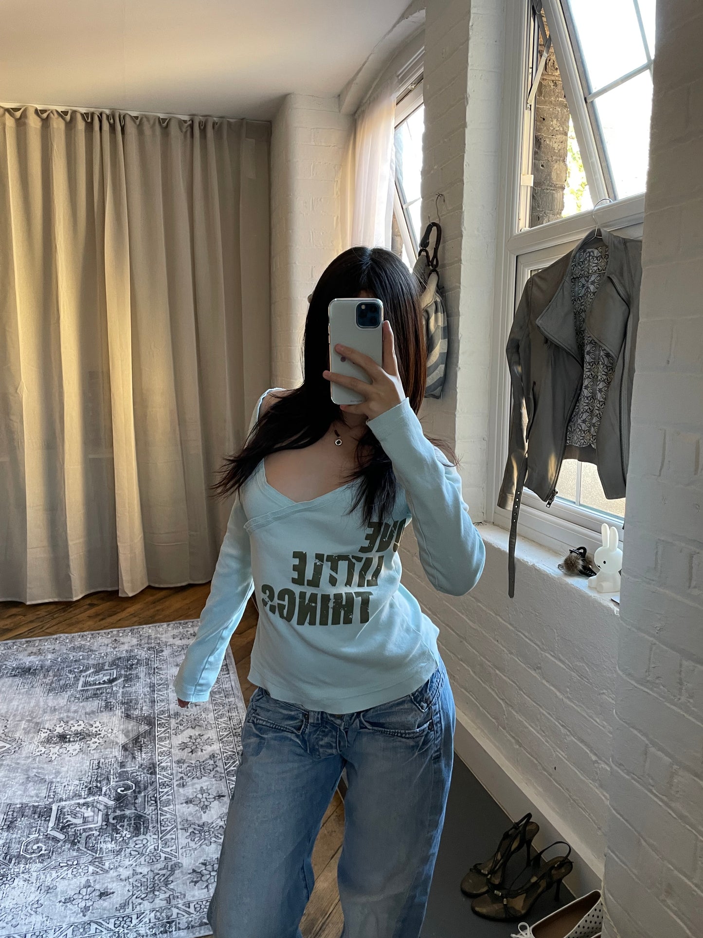 baby blue sporty street equipment khaki graphic text wrap style long sleeve shirt