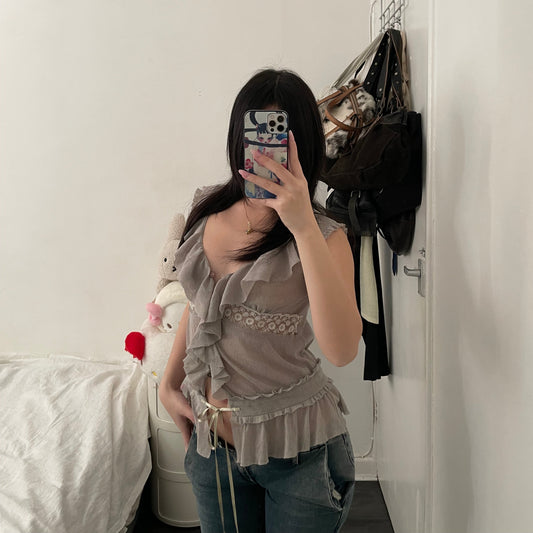 kookai greige ruffle vest blouse with embroidery lace and adjustable hem ribbon
