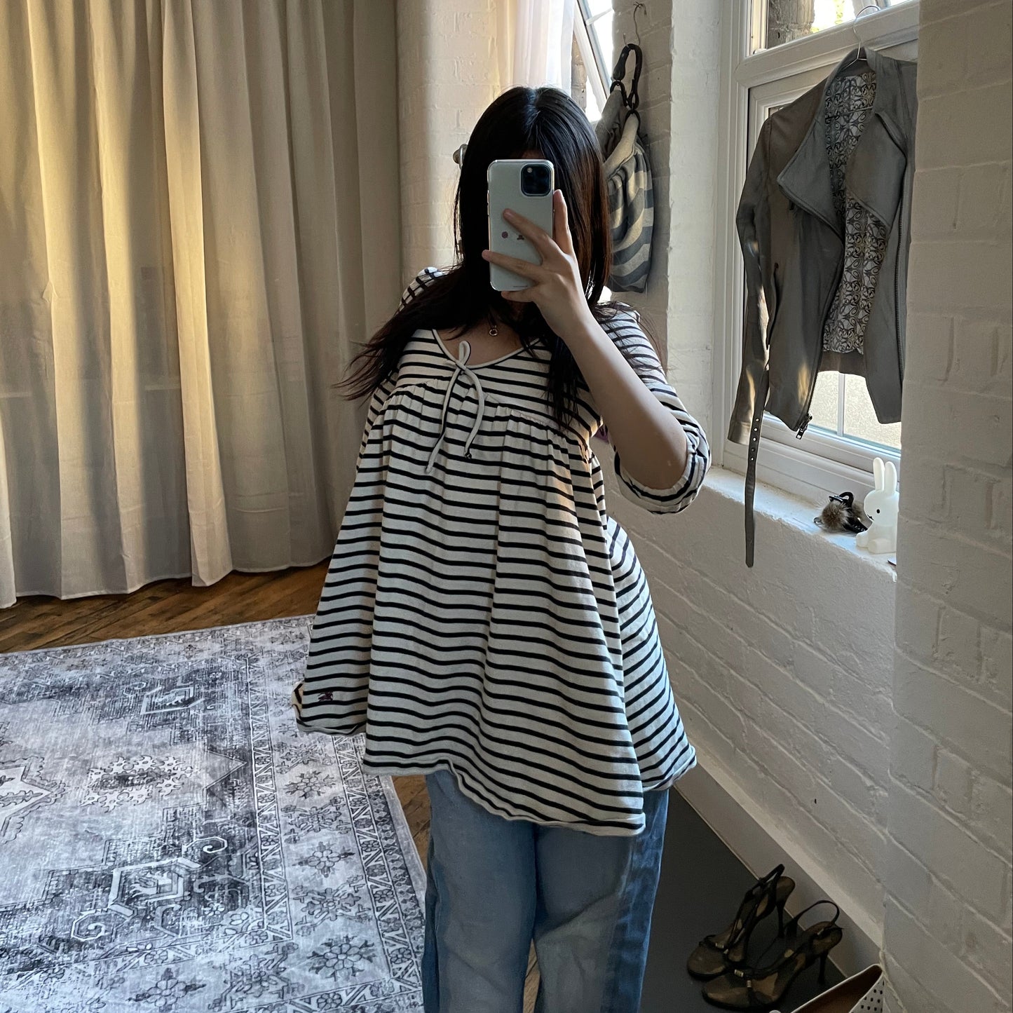 preppy burberry blue label white black striped half sleeve babydoll tunic