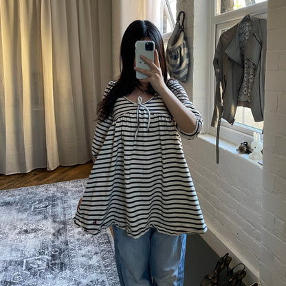 preppy burberry blue label white black striped half sleeve babydoll tunic